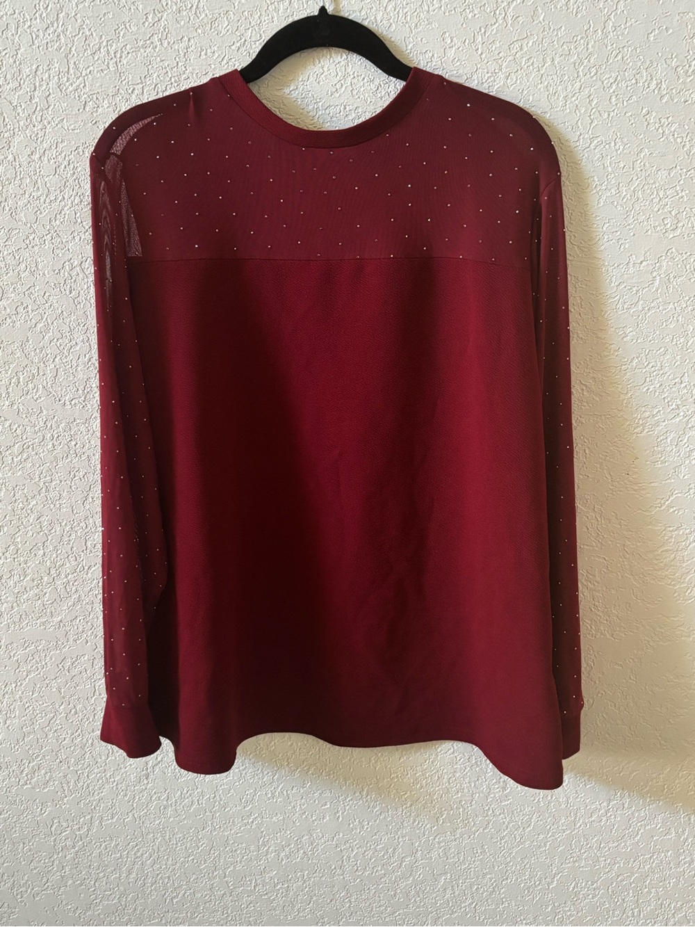 Women’s Burgundy Long-Sleeve Mesh Yoke Top with Rhinestone Accents